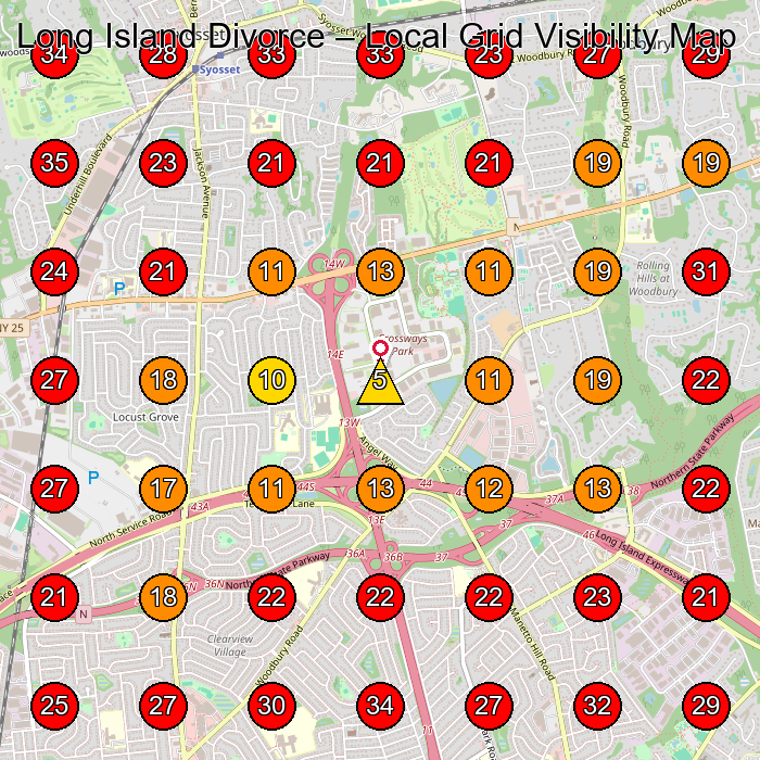 Long Island Divorce GeoGrid visibility map for Private Investigator in Plainview